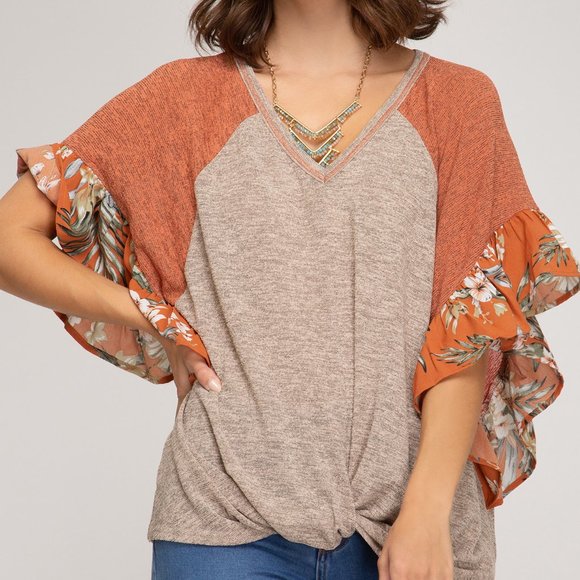 She and Sky Tops - Coral Dolman Ruffle sleeve v-neck blouse